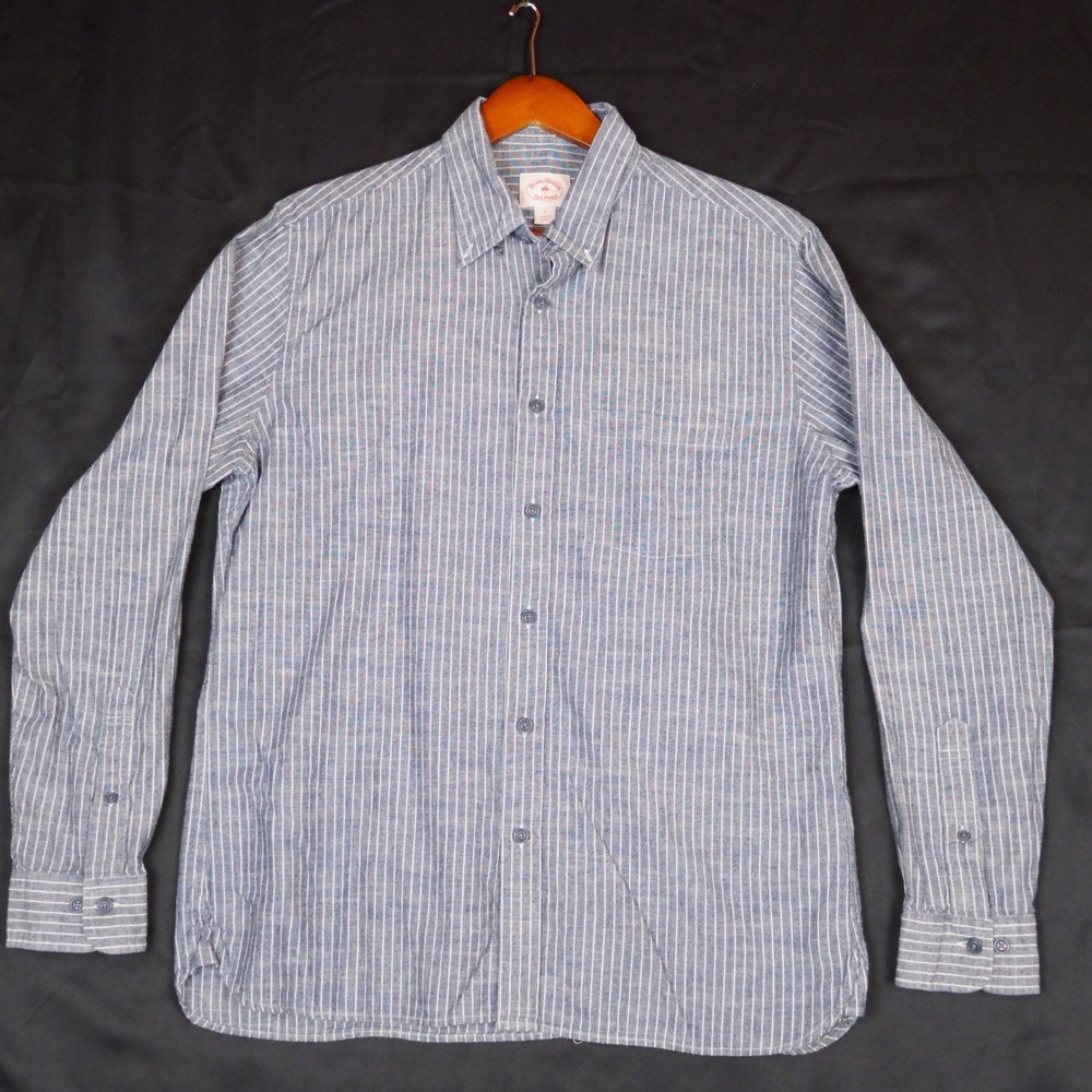Brooks Brothers Red Fleece Shirt Mens L Blue Striped Button Down 100% Cotton